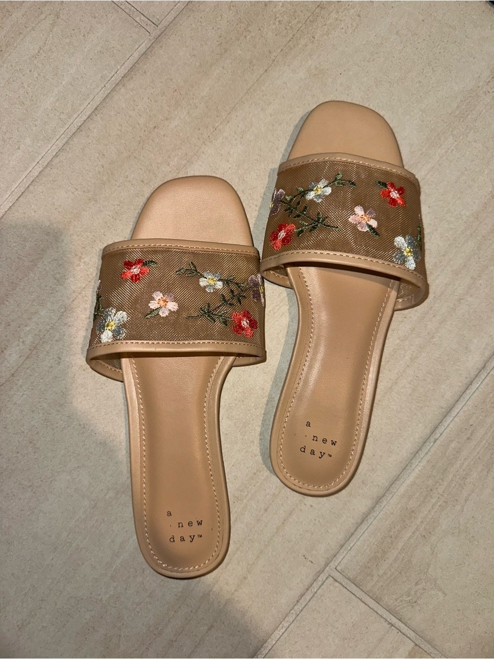 a new day Brown Embroidered Floral Slide Sandals